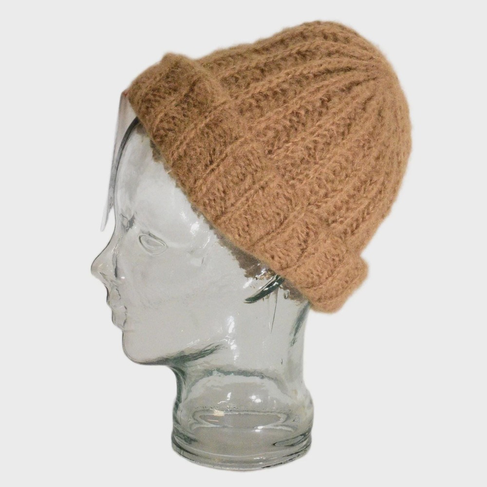 70s Vintage Womens Italian Chunky Knit Beanie Wool Sock Cap Tan Ribbed Winter